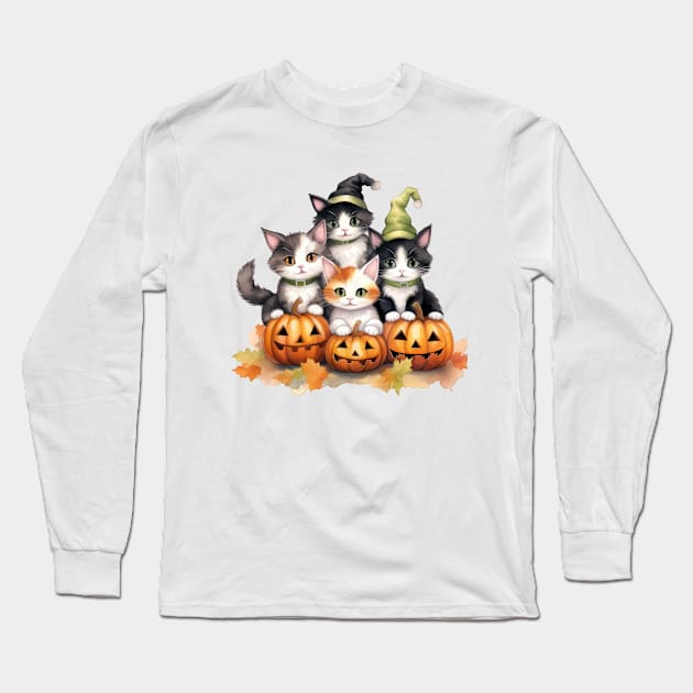 Cats, Pumpkins, and Halloween Hugs Long Sleeve T-Shirt by TooplesArt